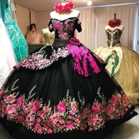 off the shoulder black quinceanera dresses applique puffy skirt sweet 16 dress long vestidos de 15 ball gown prom gowns