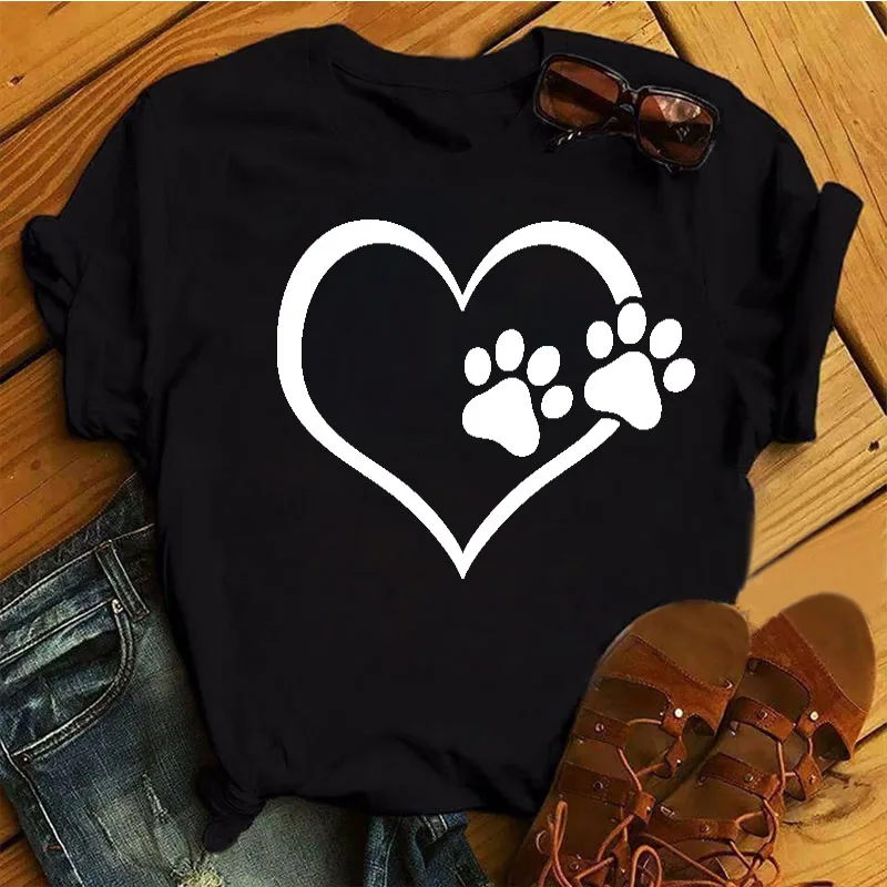 

Cartoon Tops Colorful Heart Dog Paw Print T-shirt Women T Shirt Female Summer T-shirt 90s Girls Short Sleeve Tee Black T-shirts