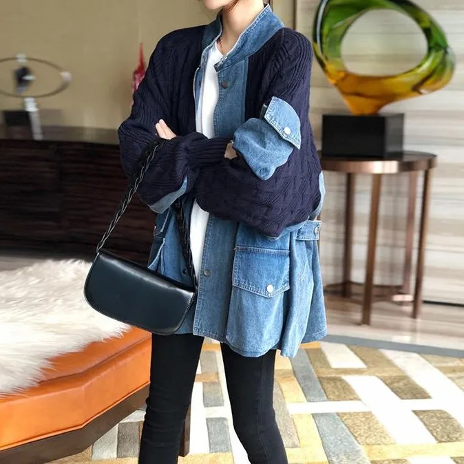 

SuperAen Splicing Denim Coat Women's Loose Knit Top Casual Autumn Wear 2022 New Streetwear Jacket Coat