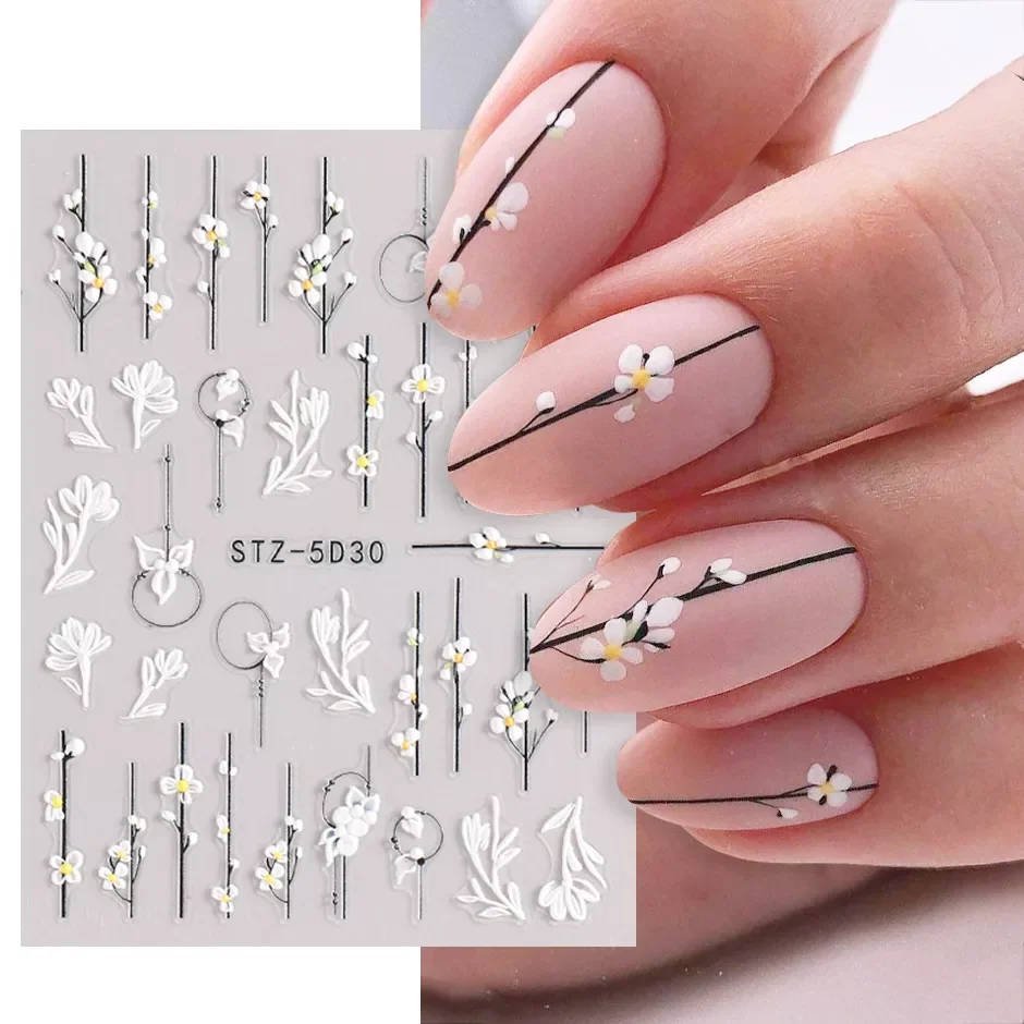 

5D Simple Flowers Nail Embossed Stickers Elegrant Wedding Design Adhesive Sliders Summer Textured Engraved Decoration LYSTZ5D-30