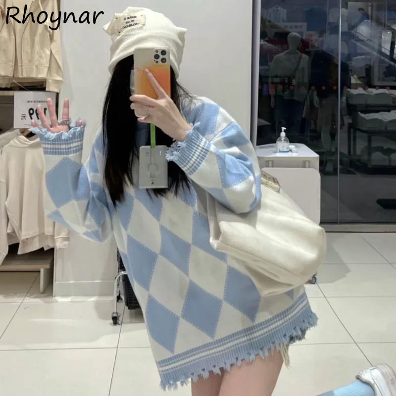

O-neck Argyle Pullovers Women Knitwear Blue Sweet All-match Girlish Tassel High Street Preppy Panelled Personal Kawaii Clothes