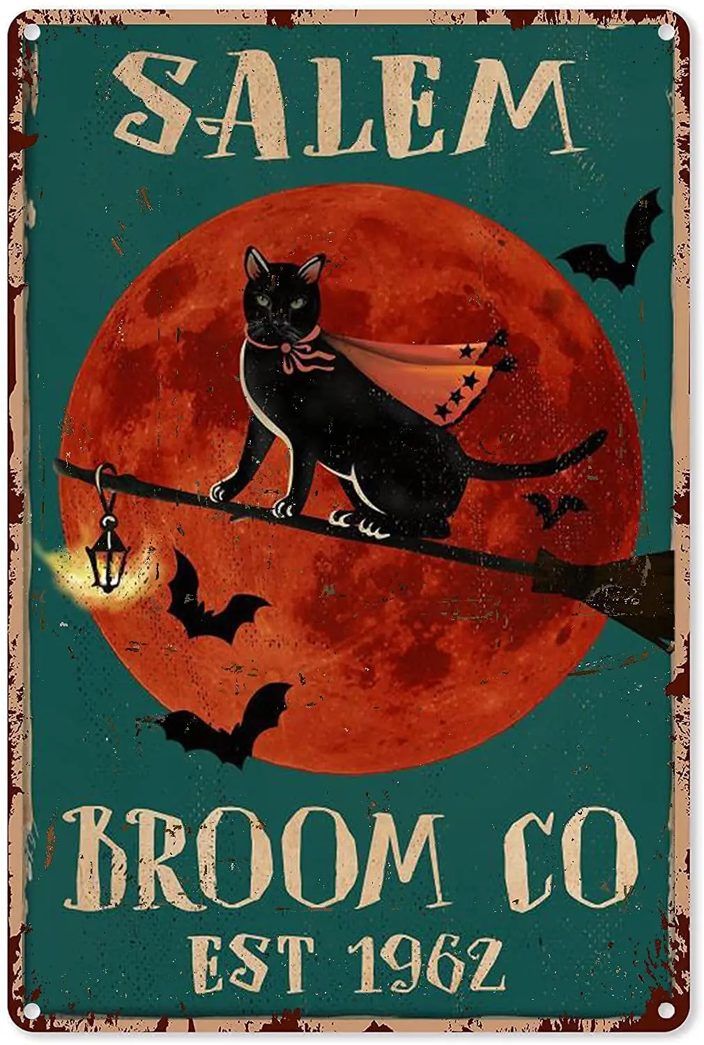 

ertr Witchy Art Decor Black Cat Witch Salem Broom Tin Sign Skateboard Shop Vintage Metal Sign for Wall Poster for Home Kitchen