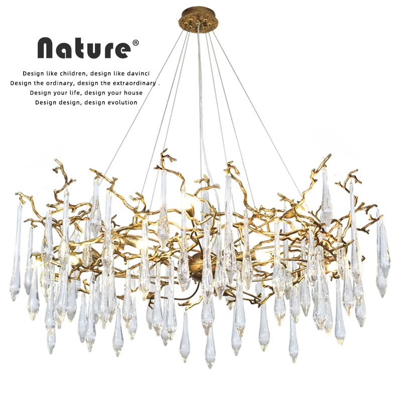 

Natural Tree Branches Chandelier Copper Living Room Bedroom Dining Vintage Retro Crystal Lamp Indoor Lighting Fixture Decoration