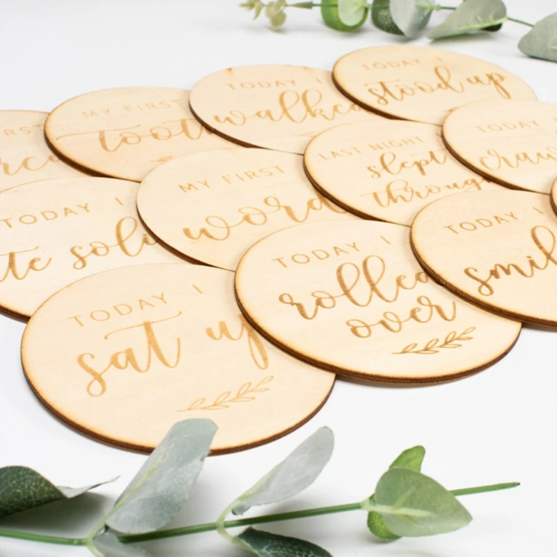 

Wooden Monthly Cards Baby Birth Announcement Cards Months Signs Card Baby Milestone Card Leaves Milestone Circle Disc