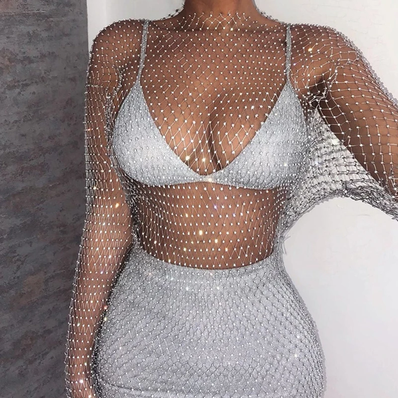 

Mesh Patchwork Hollow Out Rhinestone Women Dress Long Sleeve Party Club See Through Mini Dresses