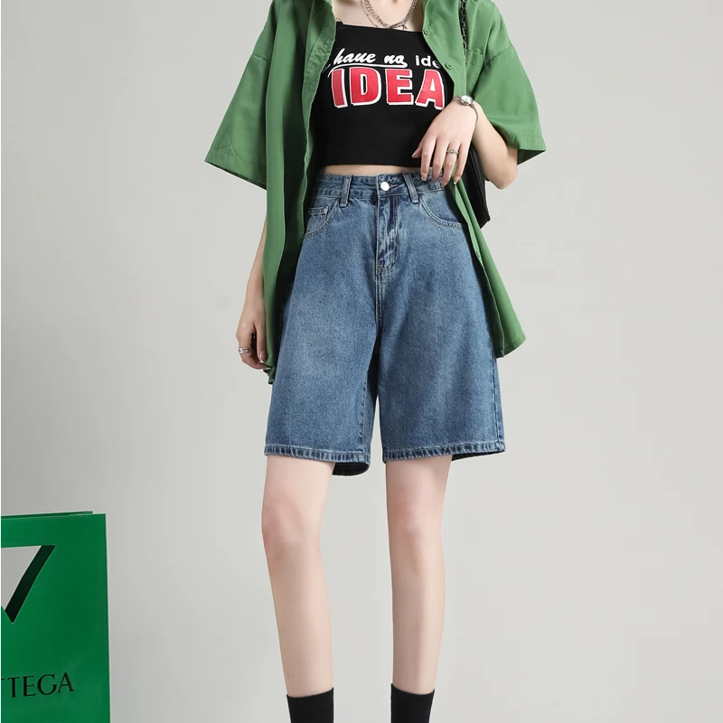 

Vintage Blue Wide Leg Denim Short Women High Waist Korean Style Y2k Baggy Straight Jeans Shorts Casual Knee Length Pants Female