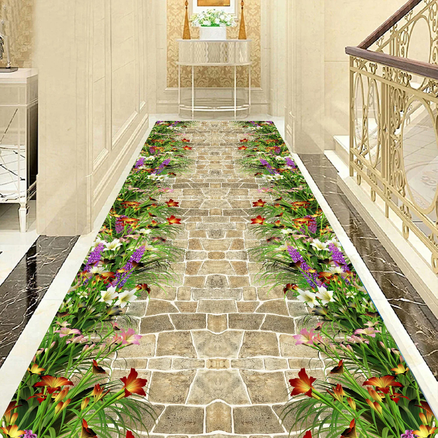 

Flower Path 3D Carpets Long Corridor Hallway Rug Crystal Velvet Non-Slip Home Decor Living Room Area Rug Bedroom Kitchen Mat