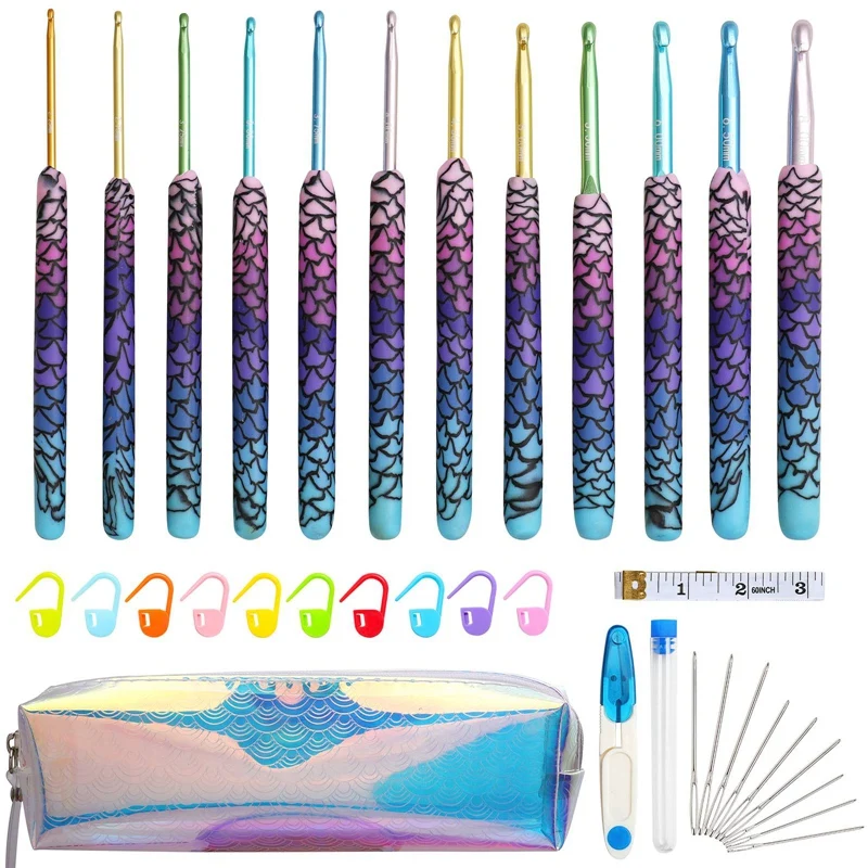 

12Pcs Aluminum Crochet Set Ceramic Handle Knitting Needles Kit Crochet Hooks Weaving Tools Sewing Accessories