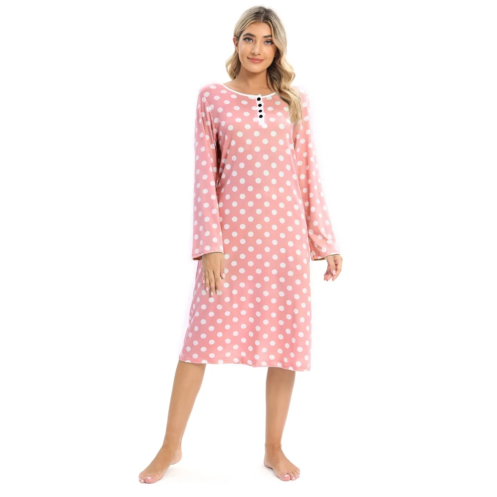 Autumn Women Polka Dot Pajamas Long Sleeves Trendy Dress Sleep Nightgown Winter Crewneck Print Sleepdress