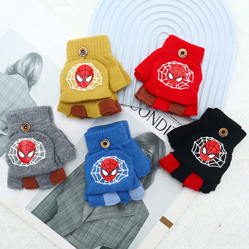 Детские перчатки MINISO с принтом Человек-паук зимние теплые открытыми пальцами для