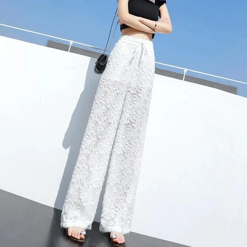 White Wide Leg Pants Women Summer New Korean Fashion High Waist Casual Trousers Harajuku Chiffon Pantalon Pour Femme