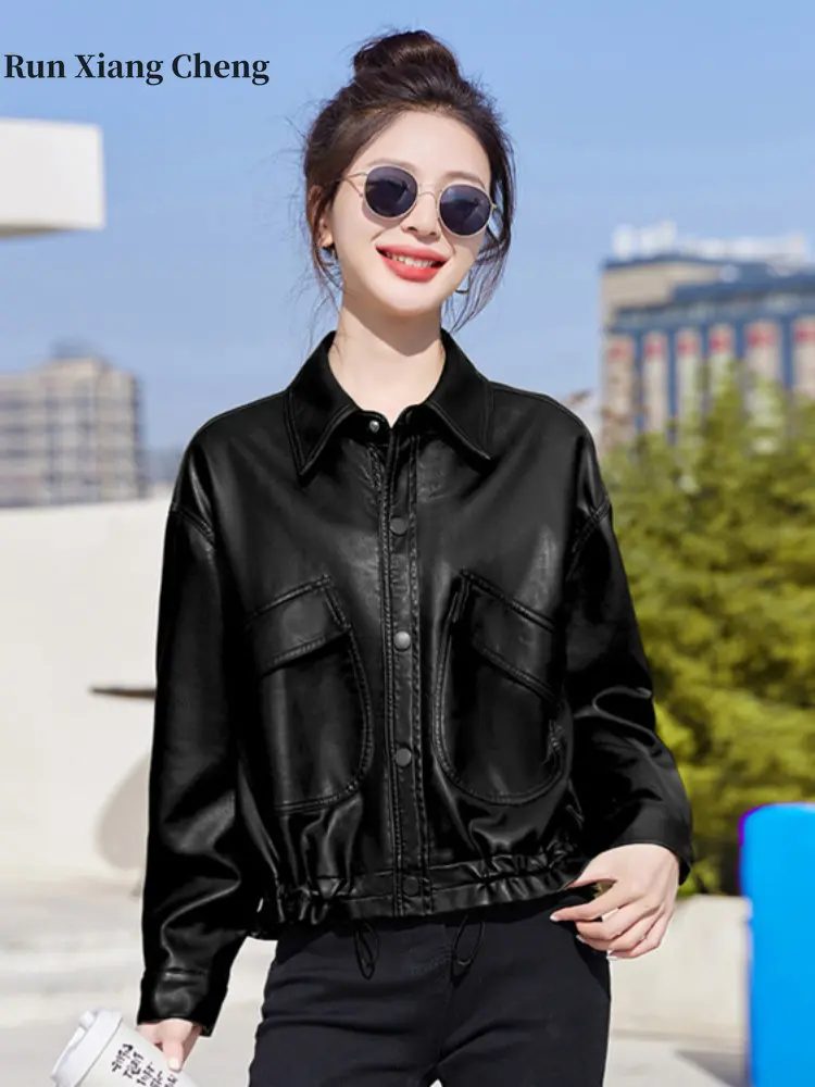 2023Women's Autumn Korean Style PU Leather Jacket Imitation Leather Leather Street Fashion Turn-down Collar Motorcycle Style Top
