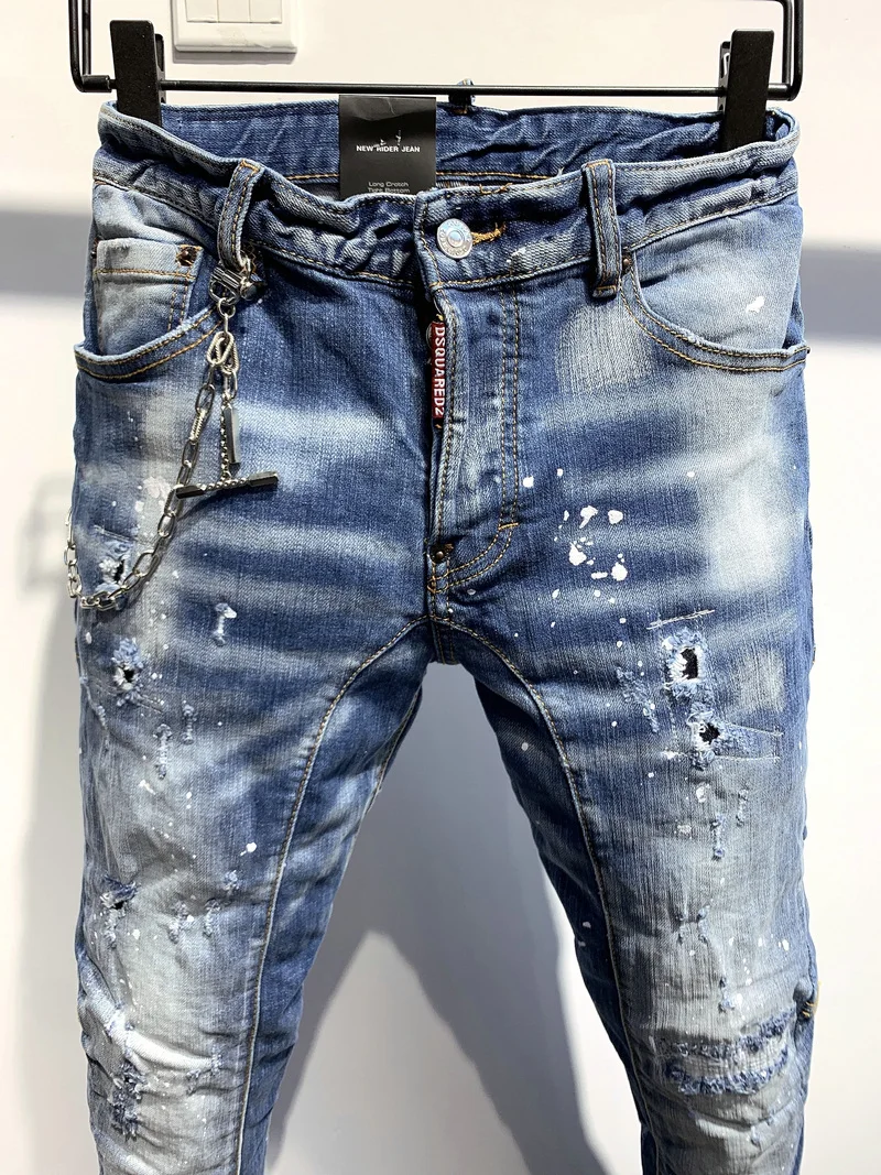 New Men's Dsquared2 Buttons Jeans Ripped For Male Skinny  Pants Men's Denim Trousers Top Quality Slim Jeans A361