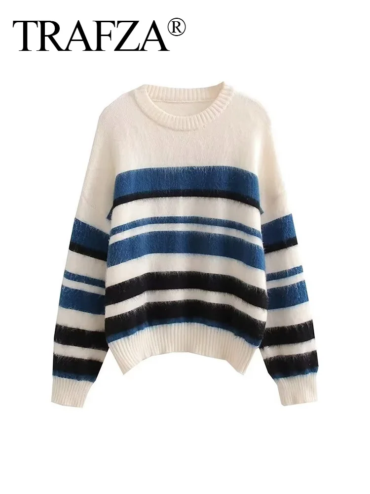

TRAFZA 2023 Fashion Women Knitwear Sweater Striped Pullovers Women O-neck Vintage Baggy Fashion Pull female Cozy Clothes