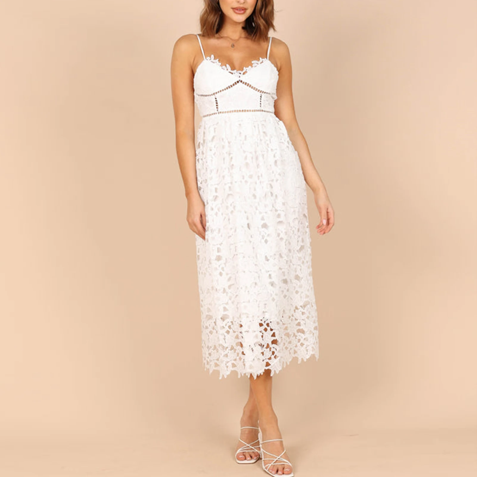 

Кружевное элегантное белое платье с открытой спиной, женское платье на бретелях-спагетти, однотонное привлекательное стильное ажурное платье, наряд для отпуска