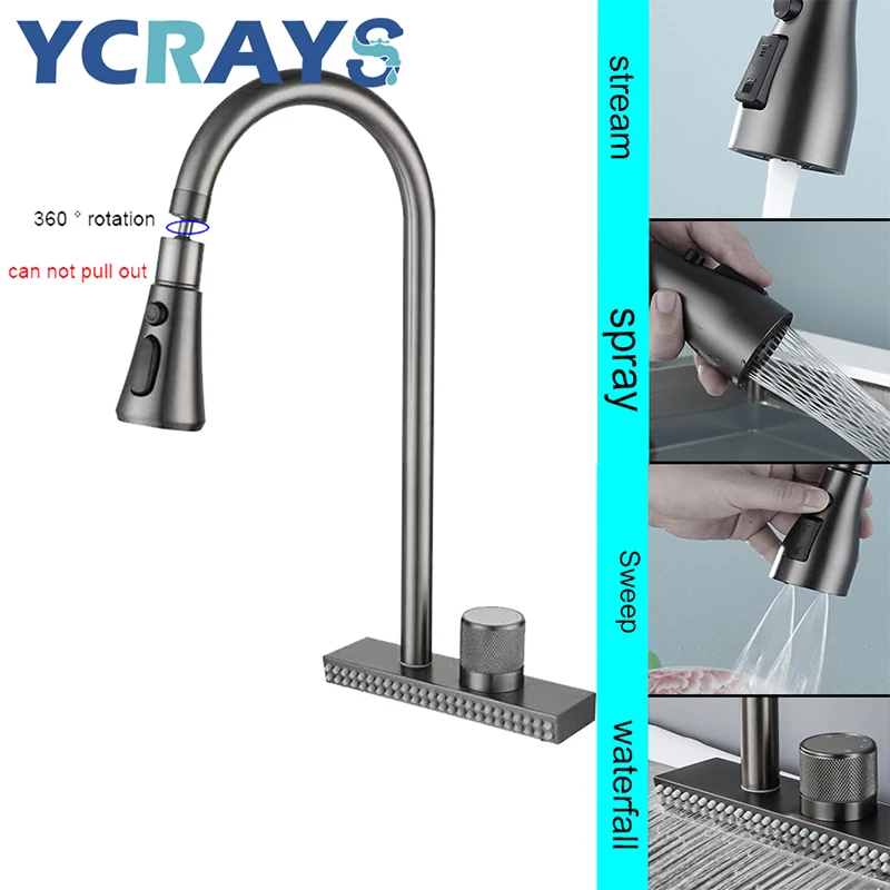 

YCRAYS Waterfall Sink Faucet For Kitchen Hot Cold Mixer Wash Basin Multiple Water Outlets Rotation Flying Rain Tap Single Hole