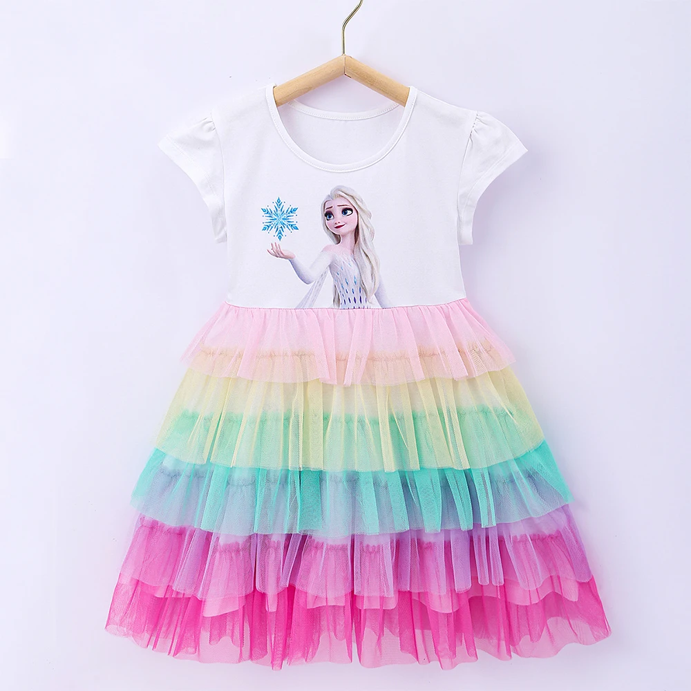 

Disney Girls Dress Frozen Princess Elsa Cotton Children's Short-Sleeved Mesh Rainbow Cake Princess Kid's Dresses