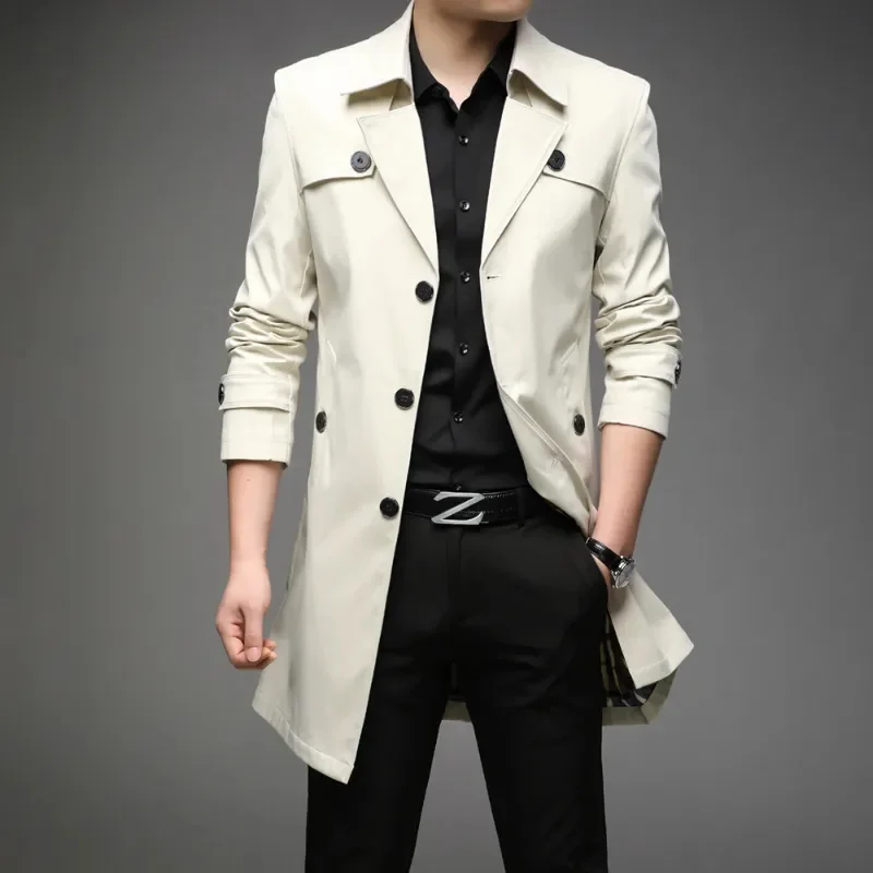 

Men Long Trench Coats Hight Quality Button Windbreaker Mens Fashion Turn Down Collar Solid Outerwear Jackets Plus Size