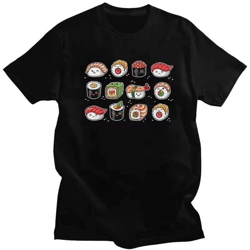 Фото Футболка с принтом Kawaii Sushi для мужчин, повседневная футболка из чистого хлопка с короткими рукавами и принтом японской еды №1