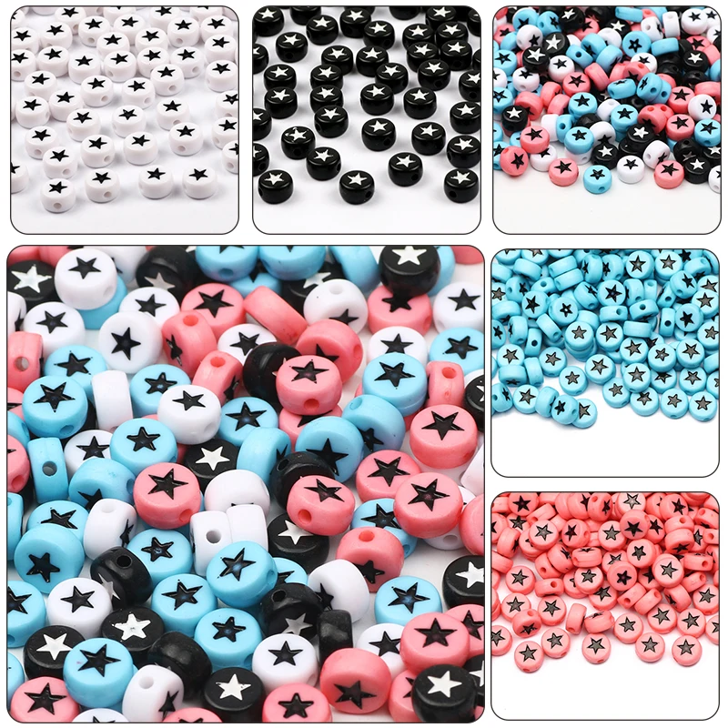 Flat Round 4x7mm 100-500pcs Acrylic Beads White Black Colored Star Pattern Beads For Jewelry Making DIY Jewelry Bead Accessories