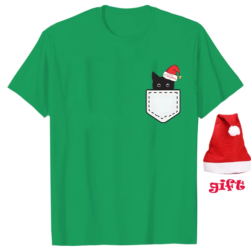 Забавная Рождественская рубашка с карманом в виде кошки футболки для женщин