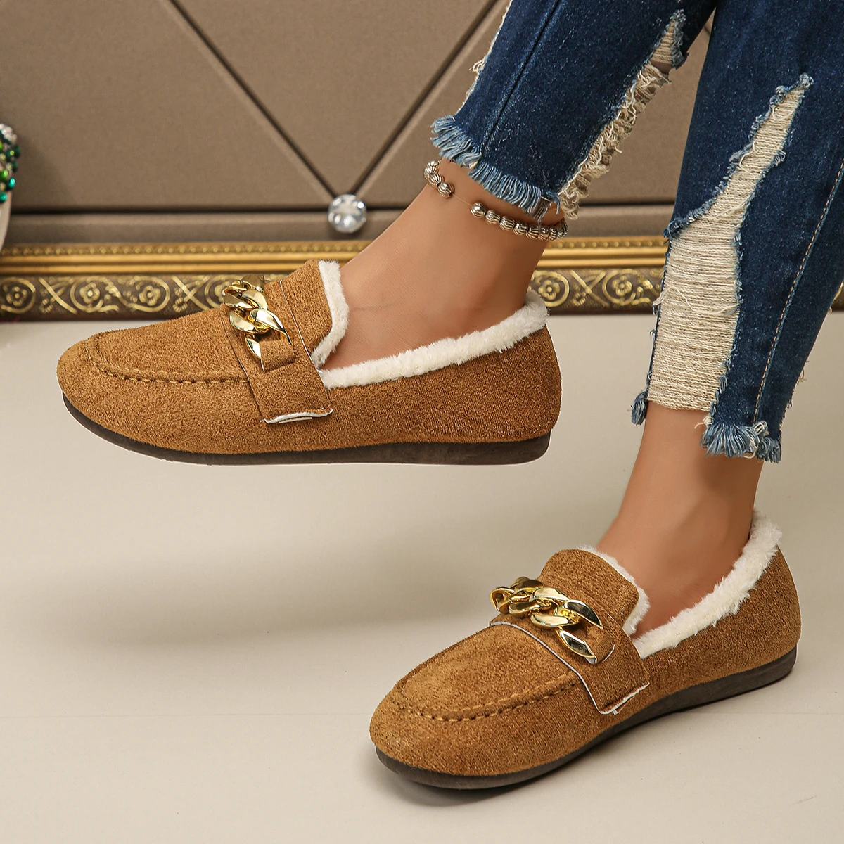 Зимние верблюжьи/черные женские одинарные туфли с цепочкой на низком каблуке