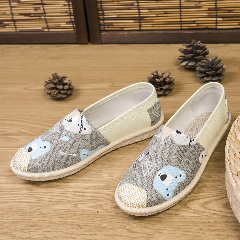 Fashion Women Slip on Flats Print Flat Bottom Light Mesh Lazy Fisherman Shoes Canvas Breathable Flat Women's Single Shoe