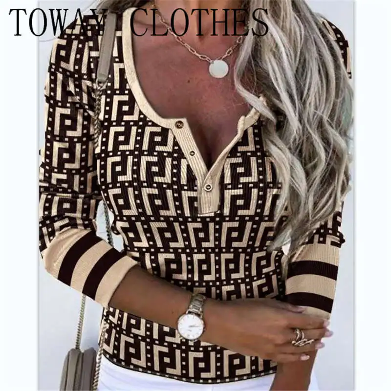

Women Chic Basics Button Collar Geo Pattern Long Sleeves Basics Blouse Knitting Tops
