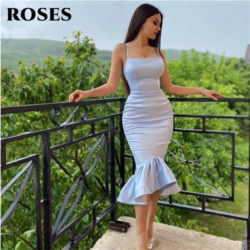 

Light Blue Spaghetti Strap Mermaid Cocktail Dresses Tea Length Satin Prom Party Dresses Special Occasion Gowns High Quality