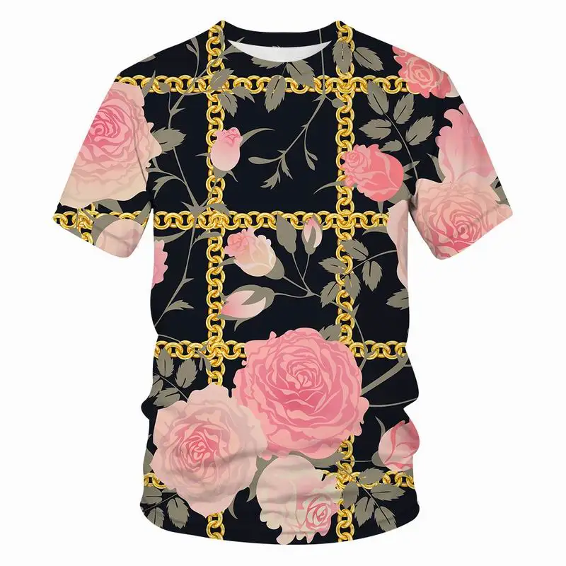 

3D Gold Flower Print Baroque Brand Men's T-shirt Summer Style Short Sleeve Luxury Royal Mens Hip Hop Graphic Top and Tee 2022