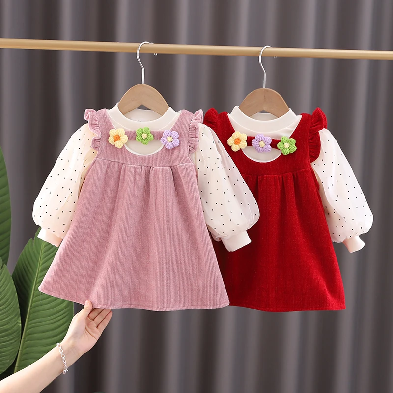 

Рождественское платье для маленьких девочек, осенне-зимнее детское бархатное платье-трапеция принцессы на день рождения, милая жилетка с цветами + топы, комплект