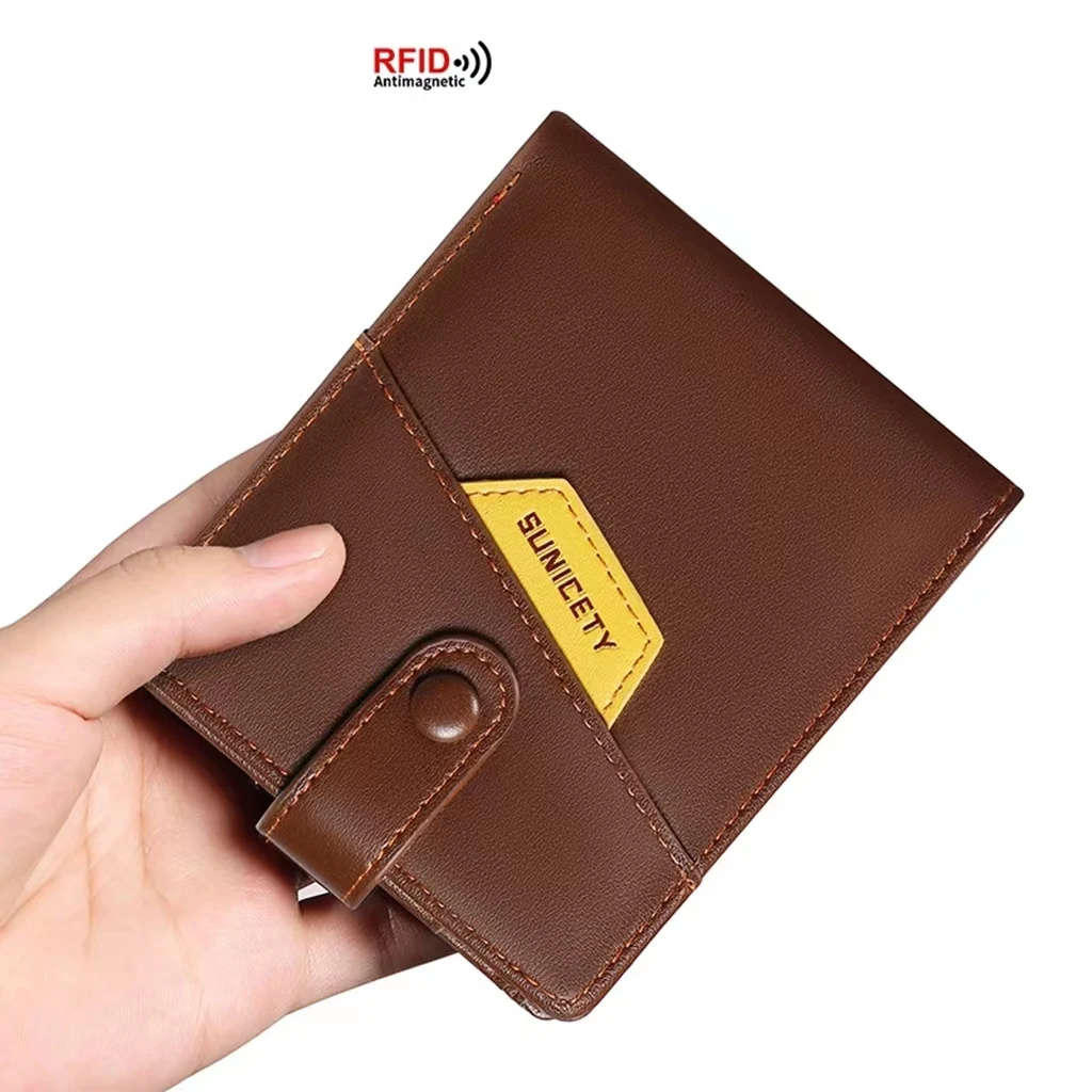 New Short Japanese Fashion Portable Leather RFID Anti-Theft Brush Multi Card Large Capacity Buckle Men's Wallet