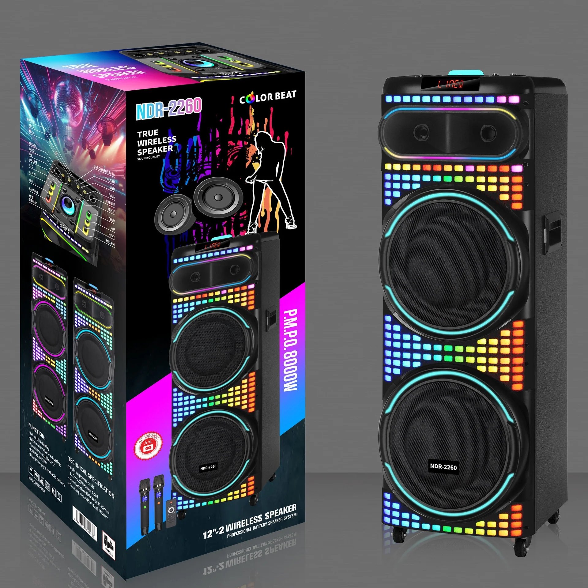 Фото 12-дюймовый двойной динамик для Bluetooth, цветная RGB подсветка, беспроводной микрофон, портативный динамик с слотом для танцевальной карты, RGB №4