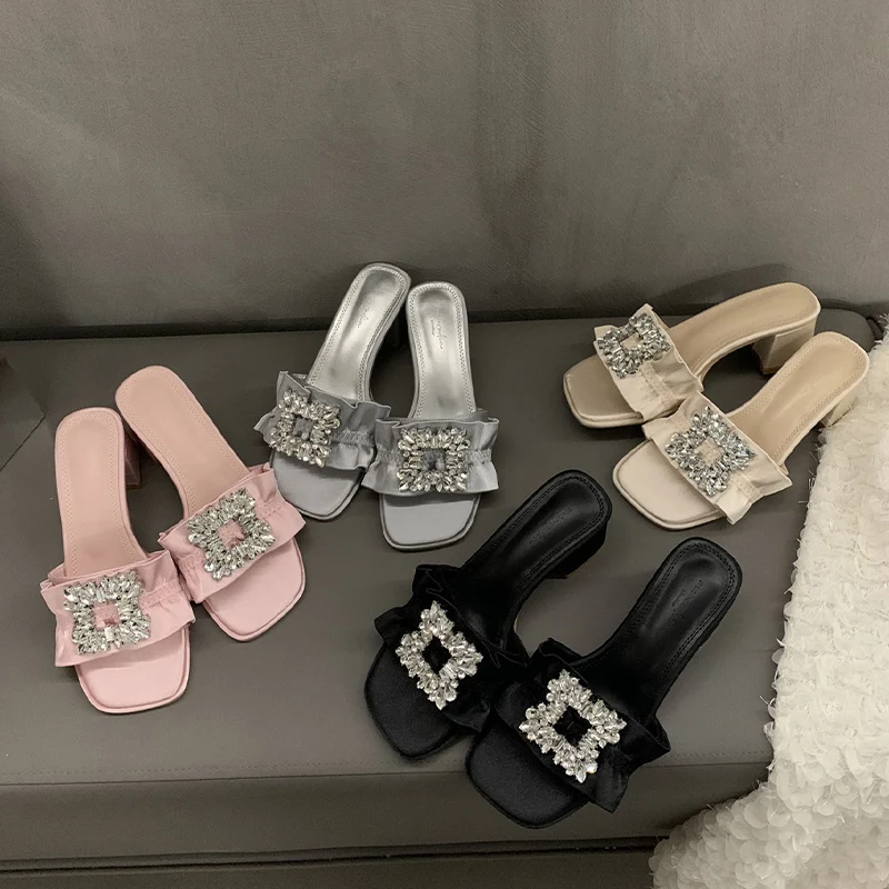 

Женские шлепанцы со стразами, повседневные сандалии на среднем каблуке, модные тапочки, сланцы, лето 2023