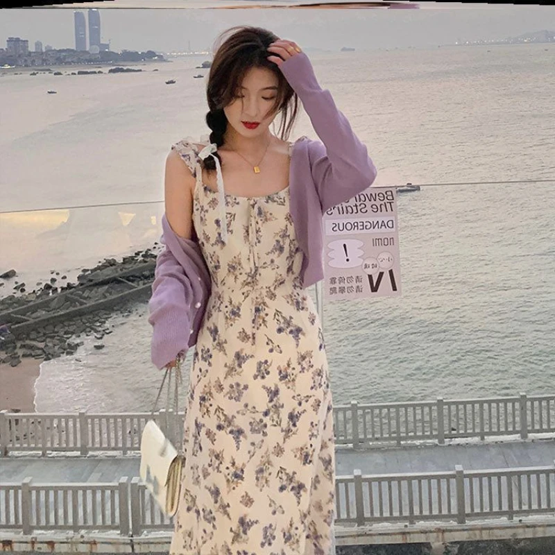

Лето 2022 Новое корейское Цветочное платье Женская французская нежная шифоновая юбка на бретелях модная Внешняя торговля