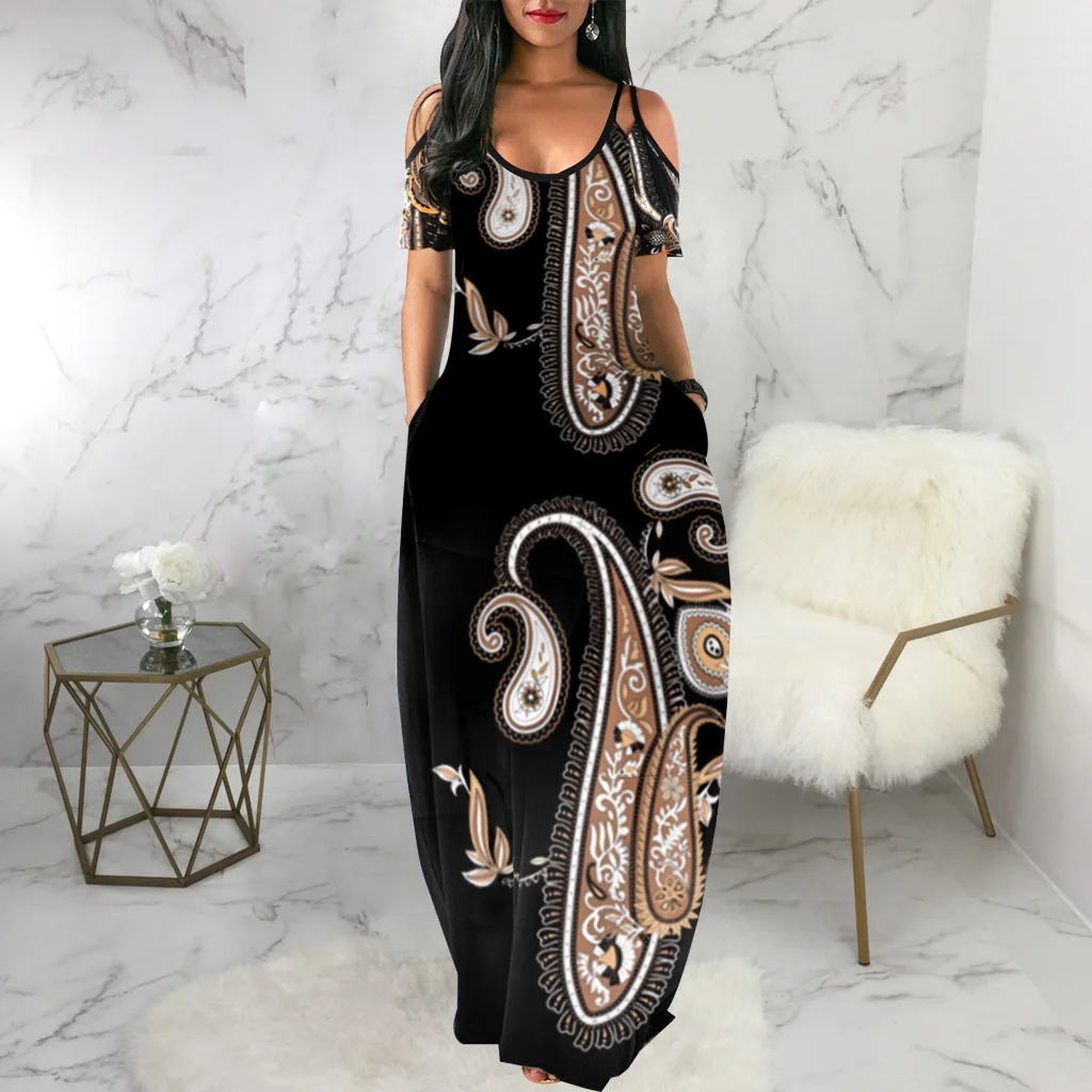 

Women Off Shoulder Dress Summer Sexy V Neck Short Sleeve A-Line Maxi Dresses Female Beach Party Long Dress Casual Robe Vestidos