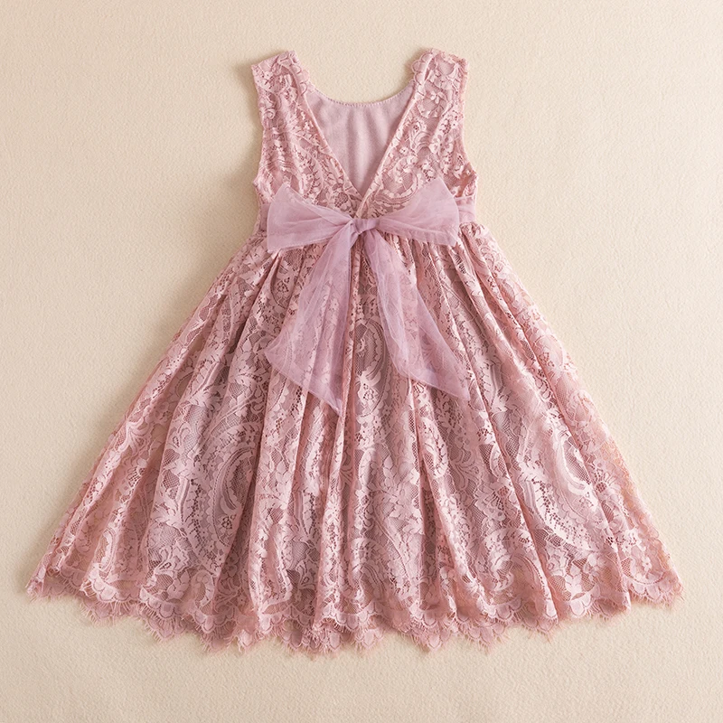 

Girls Sling Backless Lace Pink Dresses For Kids 3-8 Year Birthday Party Clothing Children Flower Vest Holiday Beach Sundress