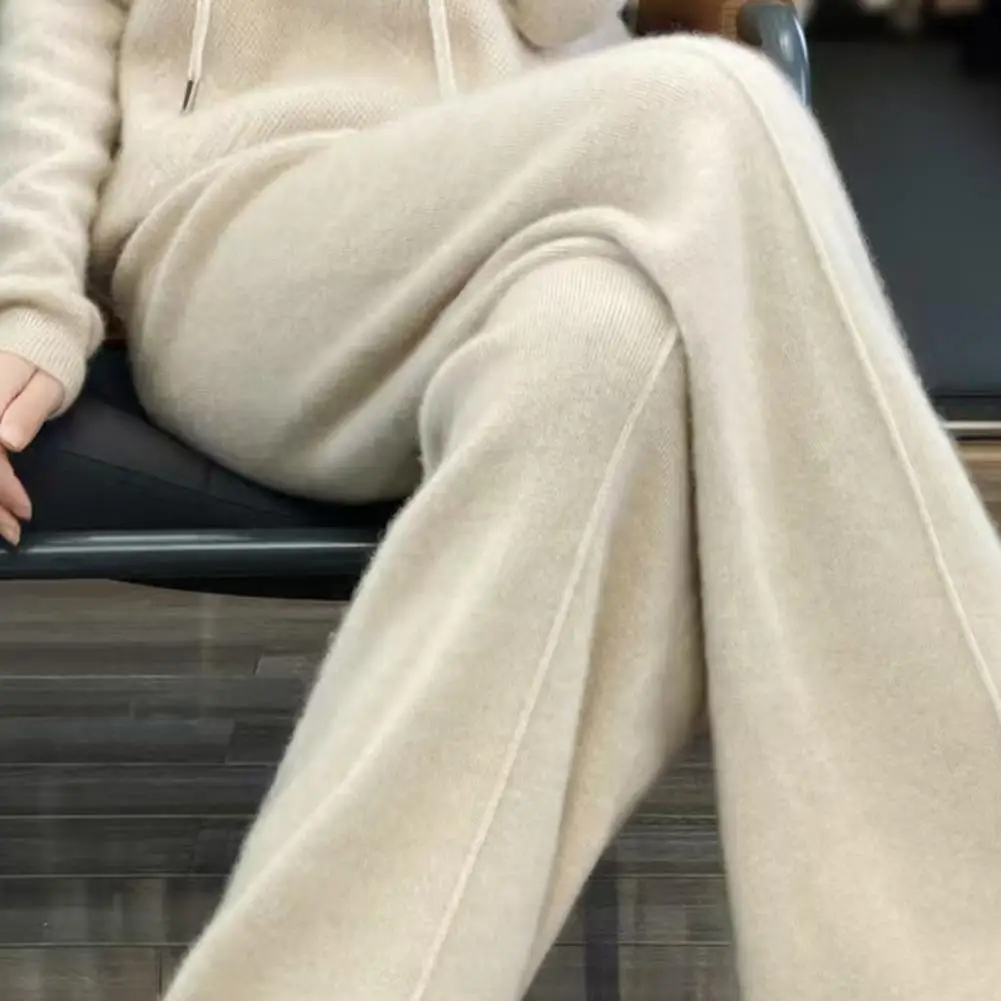 Шерстяные прямые брюки с завышенной талией трикотажные широкими штанинами и