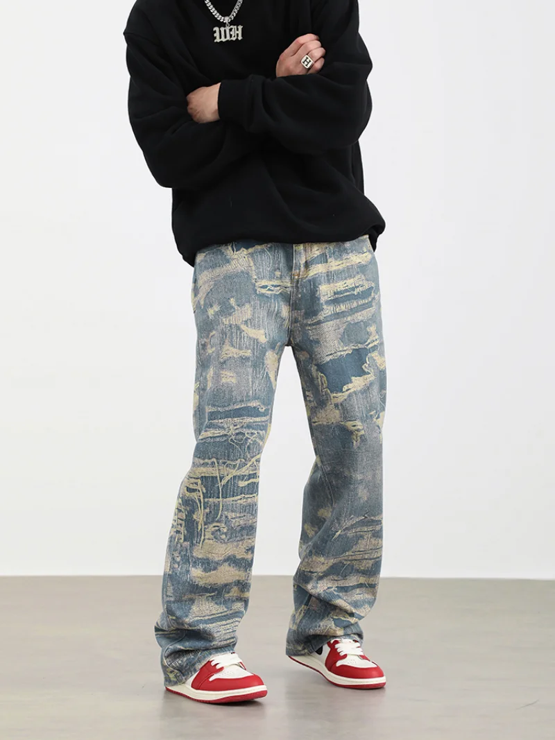 Men Fake Ripped Destroied 3D Printed Denim Jean Pants Fashion Biker Jeans Streetwear Loose Straight Pants Jogger Y2k Men’s Jeans