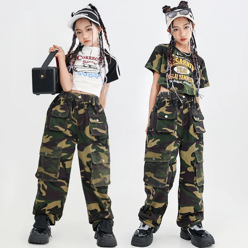

Kid Cool Hip Hop Camouflage Crop Top T Shirt Casual Street Muliti Flap Pockets Cargo Pants for Girls Jazz Dance Costume Clothes