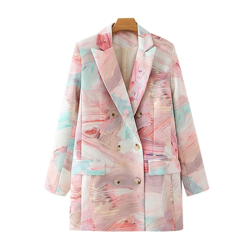 

Huaxiafan Women Fashion Double Breasted Graffiti Print Blazers Coat Vintage Long Sleeve Pockets Female Outerwear Chic Tops