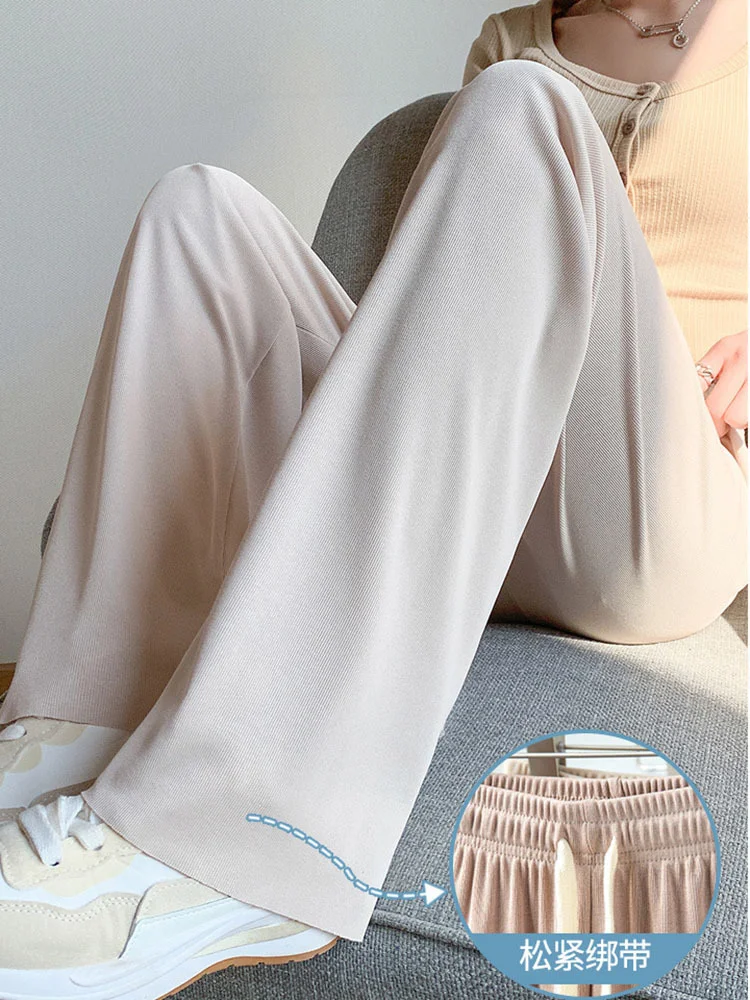 

2023 Women Loose Summer Pants Soft Ice Silk Straight Leg Trouses Lace Up Wide Leg Pants for Women Elestic Waist Female Slacks