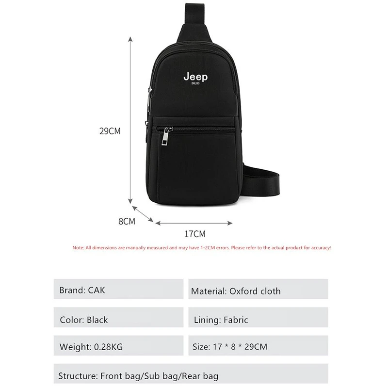 JEEP BULUO Waterproof Casual Chest Bag Male Crossbody Fashion Shoulder Trend Black Messenger Sling Travel Bag Hot Sale