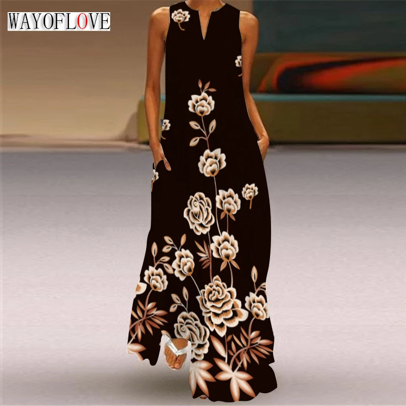 

WAYOFLOVE Lady Spring Summer Long Dress Black Sleeveless Flower Printed Elegant Dresses For Women 2023 Party Beach Women's Dress