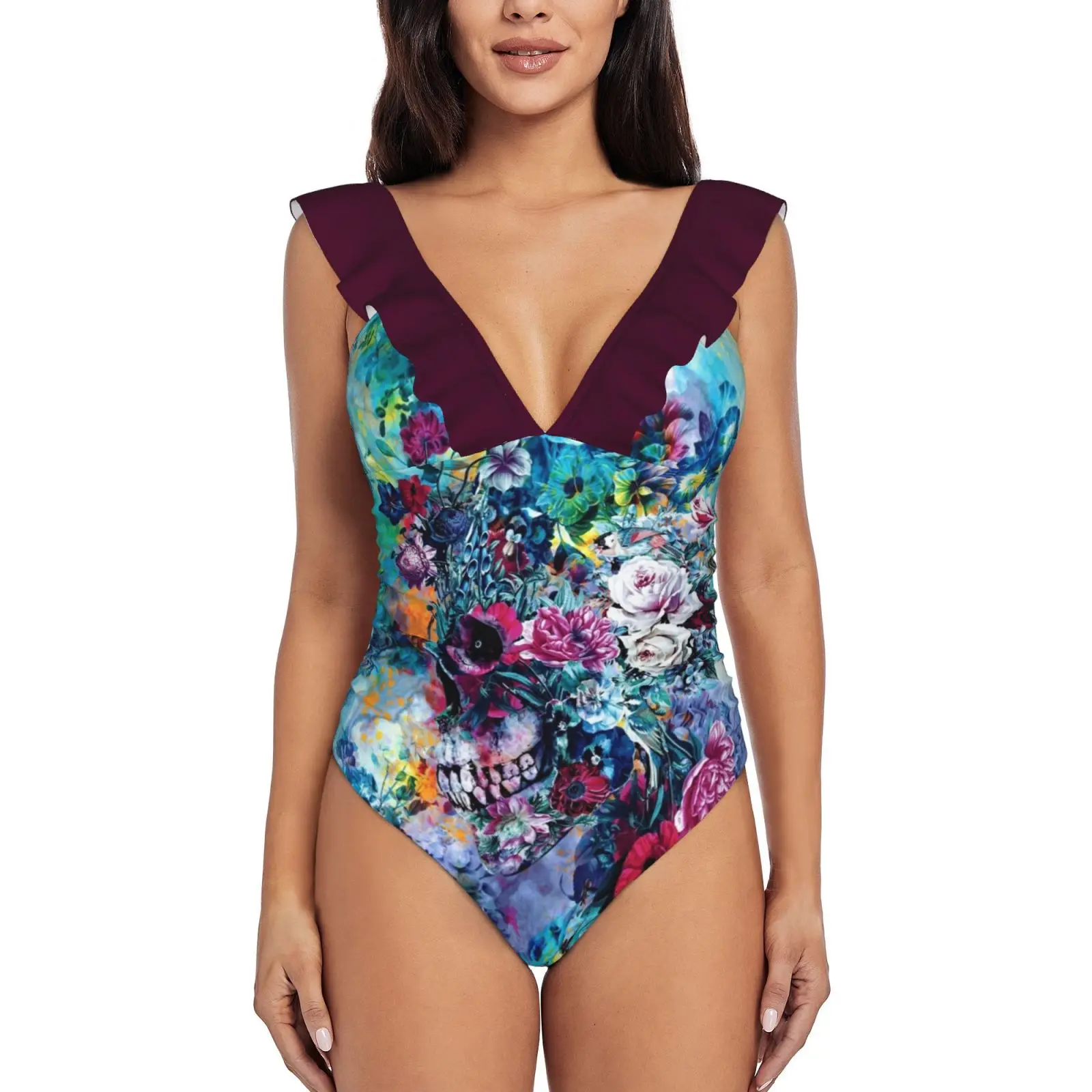 

Купальник Surreal с принтом черепа, Цельный купальник с глубоким V-образным вырезом и оборками, пляжная одежда, монокини с цветочным принтом