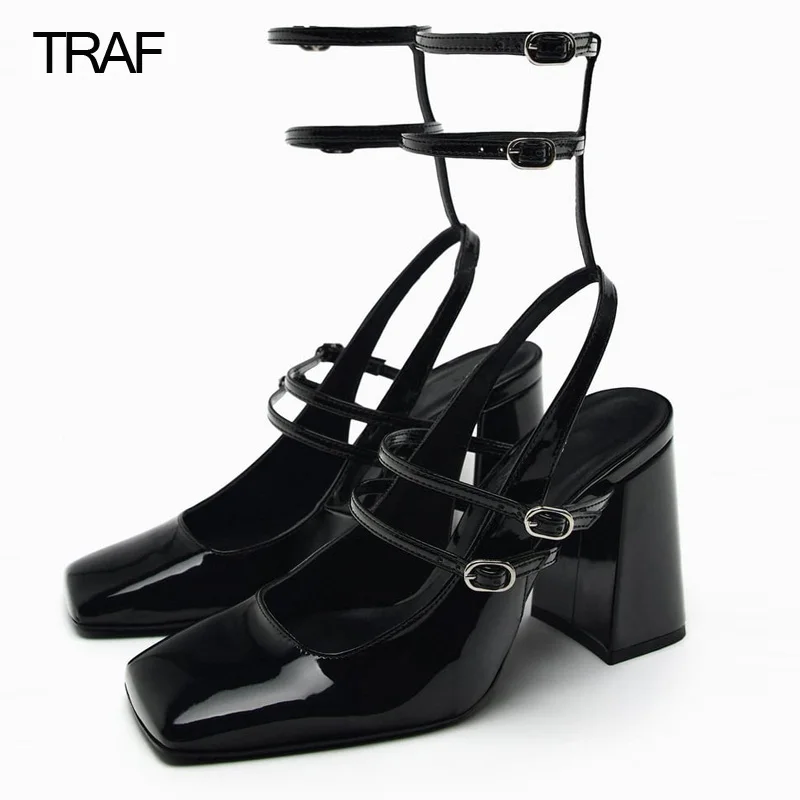 

TRAF 2023 Black Mary jane Heels Woman Pumps Slingback Heeled Chunky High Heels Strappy Modern Office Mary janes Shoes for Women