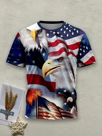 Мужская футболка с рисунком патриотического орла - повседневная одежда с 3D принтом американского флага и круглым вырезом из полиэстера, повседневная одежда стандартной посадки