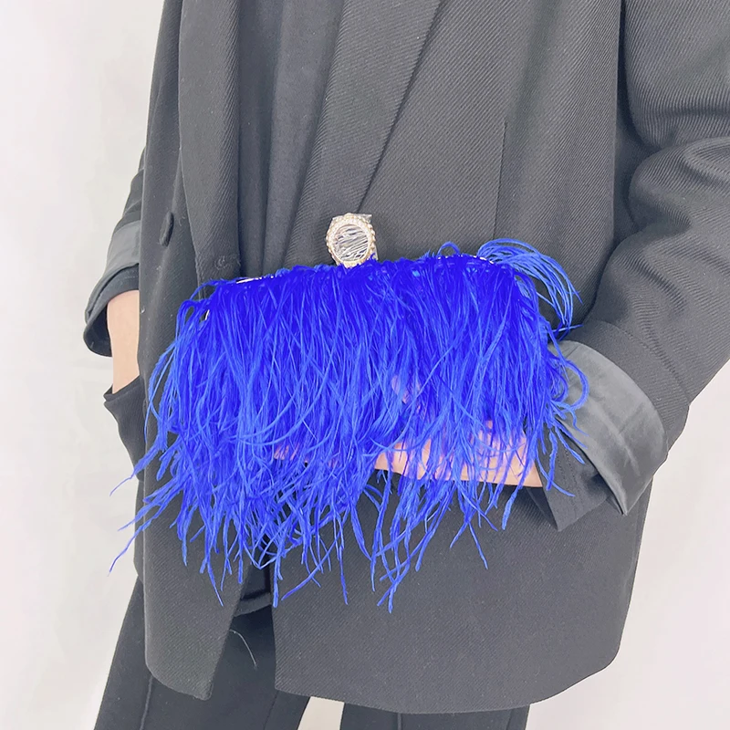 

Luxury Moon Designer Ostrich Fur Feather Wallet Clutch Bag Women Clutch Diamond Knuckle Rings Dinner Evening Bag Chain Purse