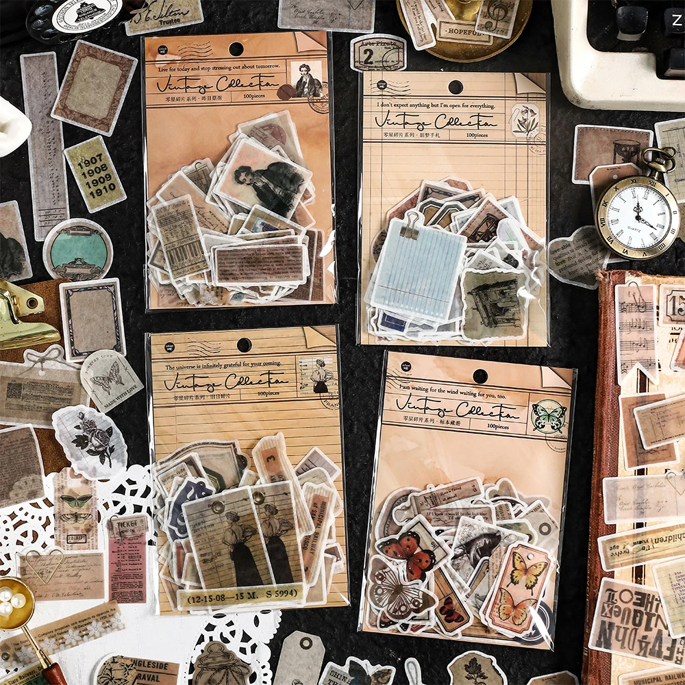 

100pcs/pack Vintage Scrapbooking Sticker Washi Paper DIY Photo Album Art Collage Junk Journal Aesthetics Decor Stickers