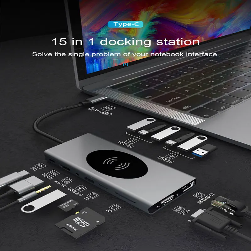 

Док-станция для ноутбука 15 в 1, USB Type-C хаб адаптер с беспроводной зарядкой PD